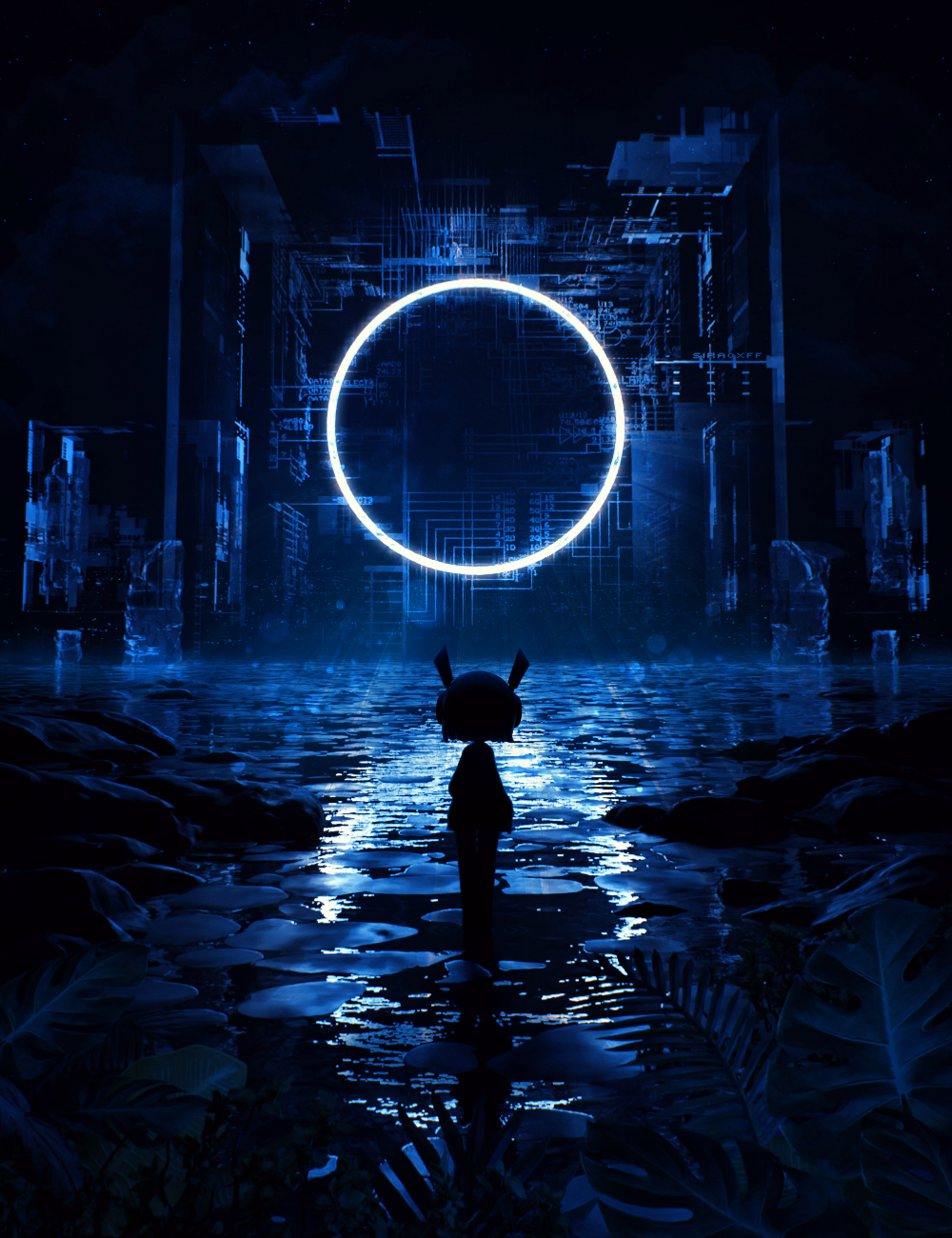 black silhouette standing on rocks in front of white circular light - art by sira0xff