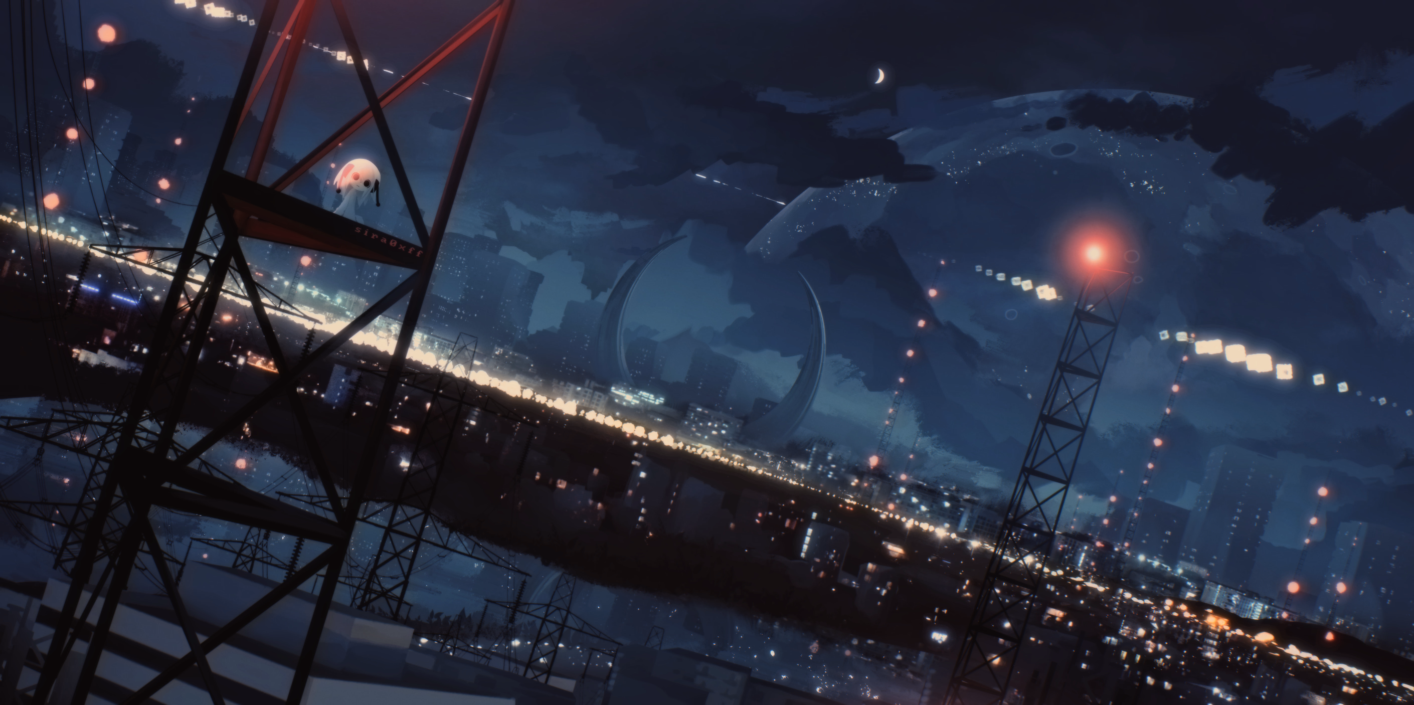sci-fi night cityscape next to lake with antenna towers, large planet and white silhouette - art by sira0xff