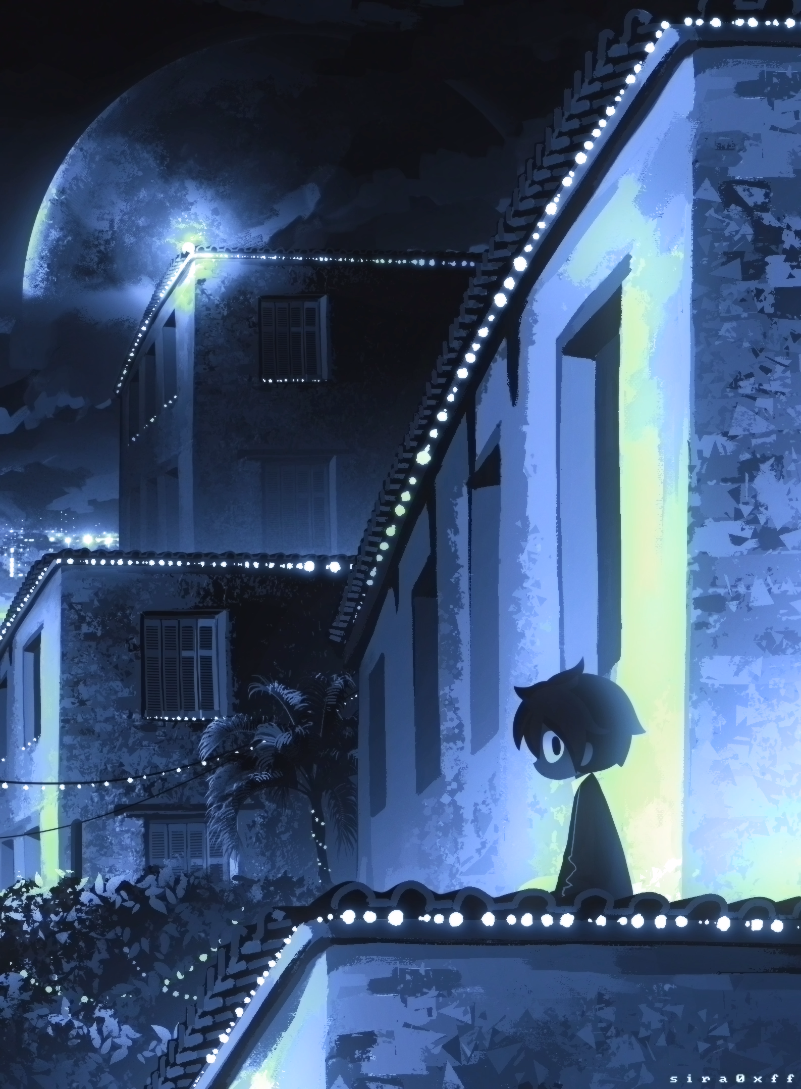 guy sitting on roof of building with string lights, cityscape and large full moon - art by sira0xff