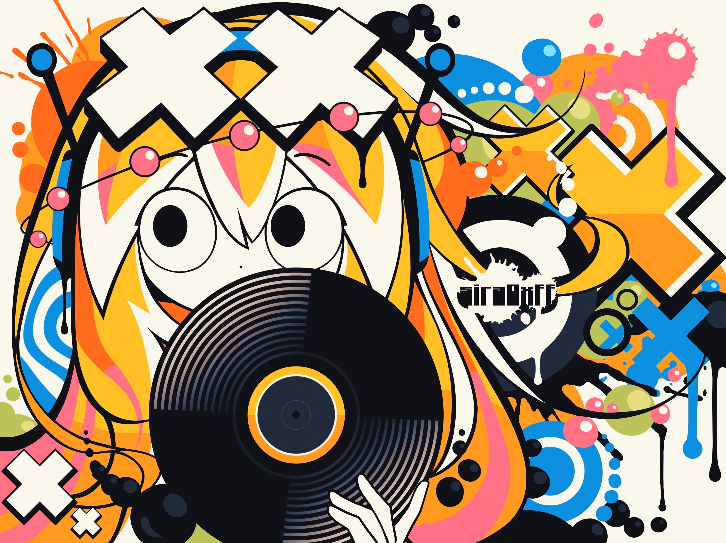 yellow-haired girl holding record with frutiger metro background - art by sira0xff