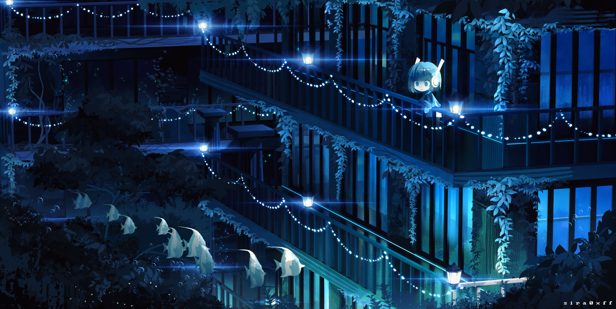 girl standing on balcony of building with overgrown plants, string lights, and flying fish at night - art by sira0xff