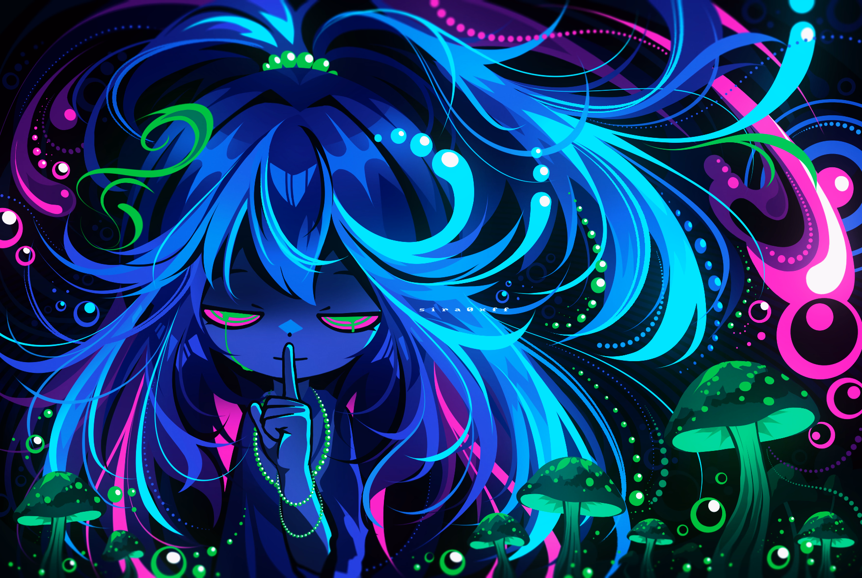 blue girl with green mushrooms - art by sira0xff