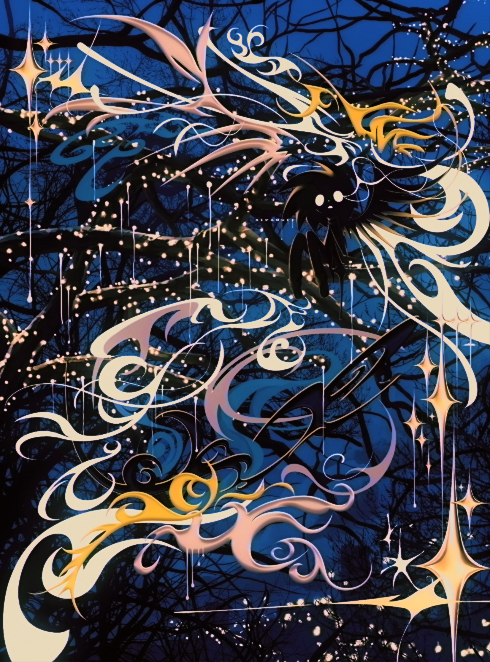 tree at night with string lights and black silhouette - art by sira0xff