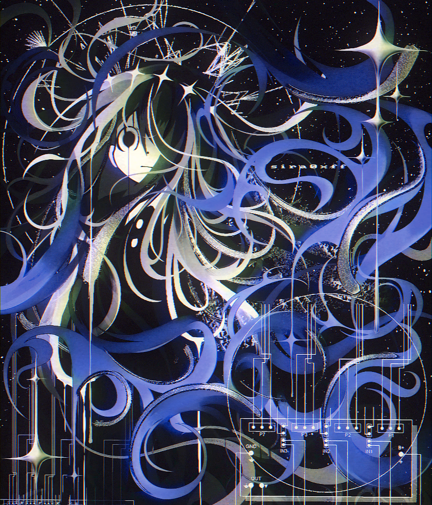 black-haired girl with abstract purple swirls - art by sira0xff