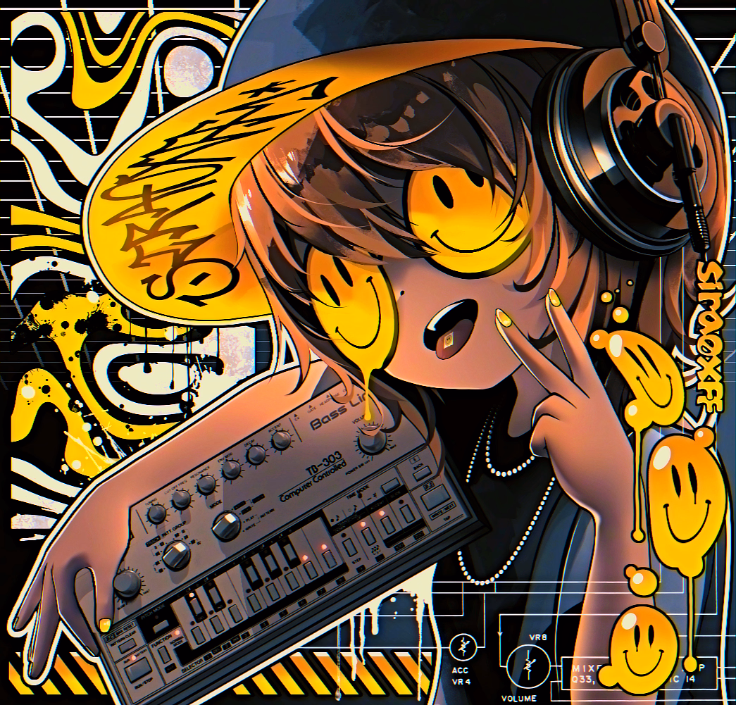 girl taking acid wearing akg k240s with tb-303 holding up peace sign - art by sira0xff