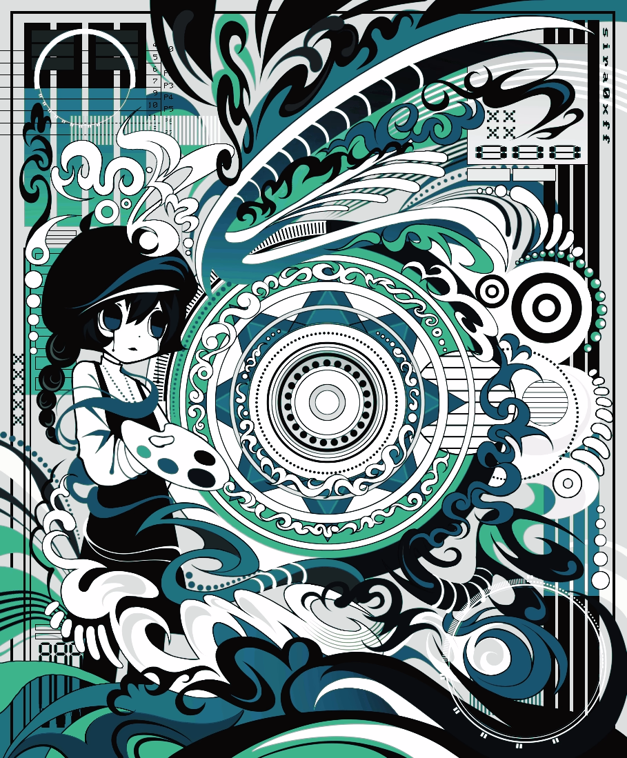 black-haired girl holding paint palette in green abstract background - art by sira0xff