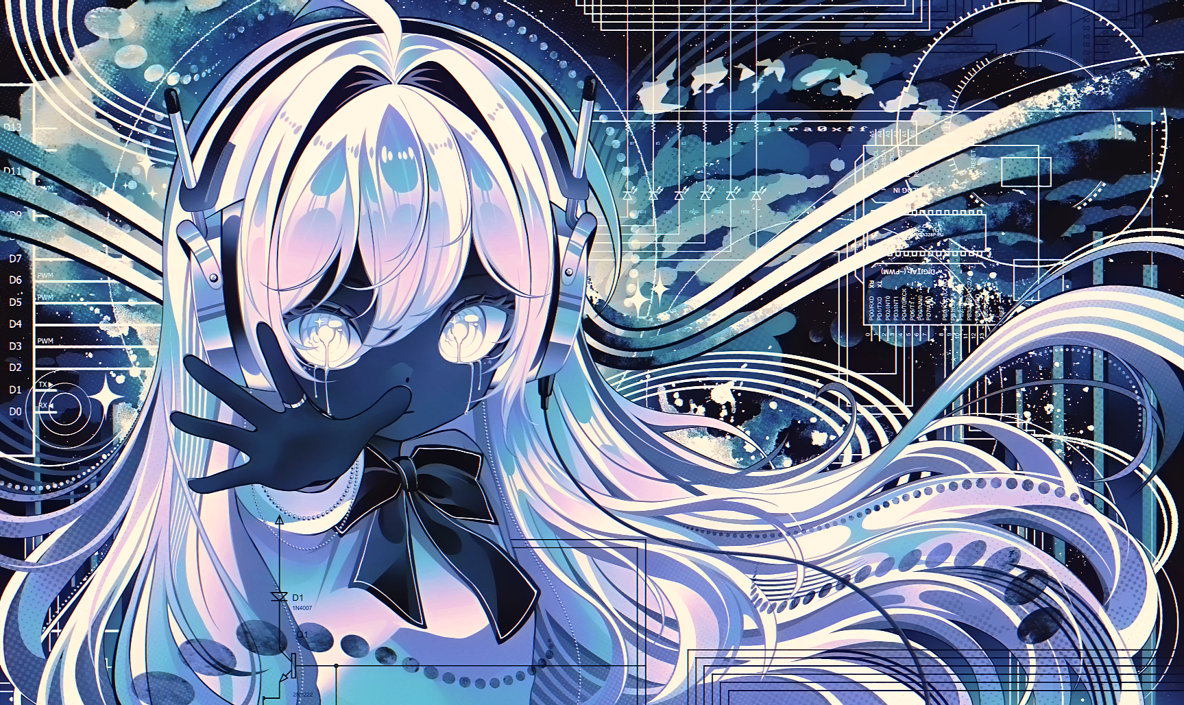 pink and blue-haired girl wearing headphones in abstract background - art by sira0xff
